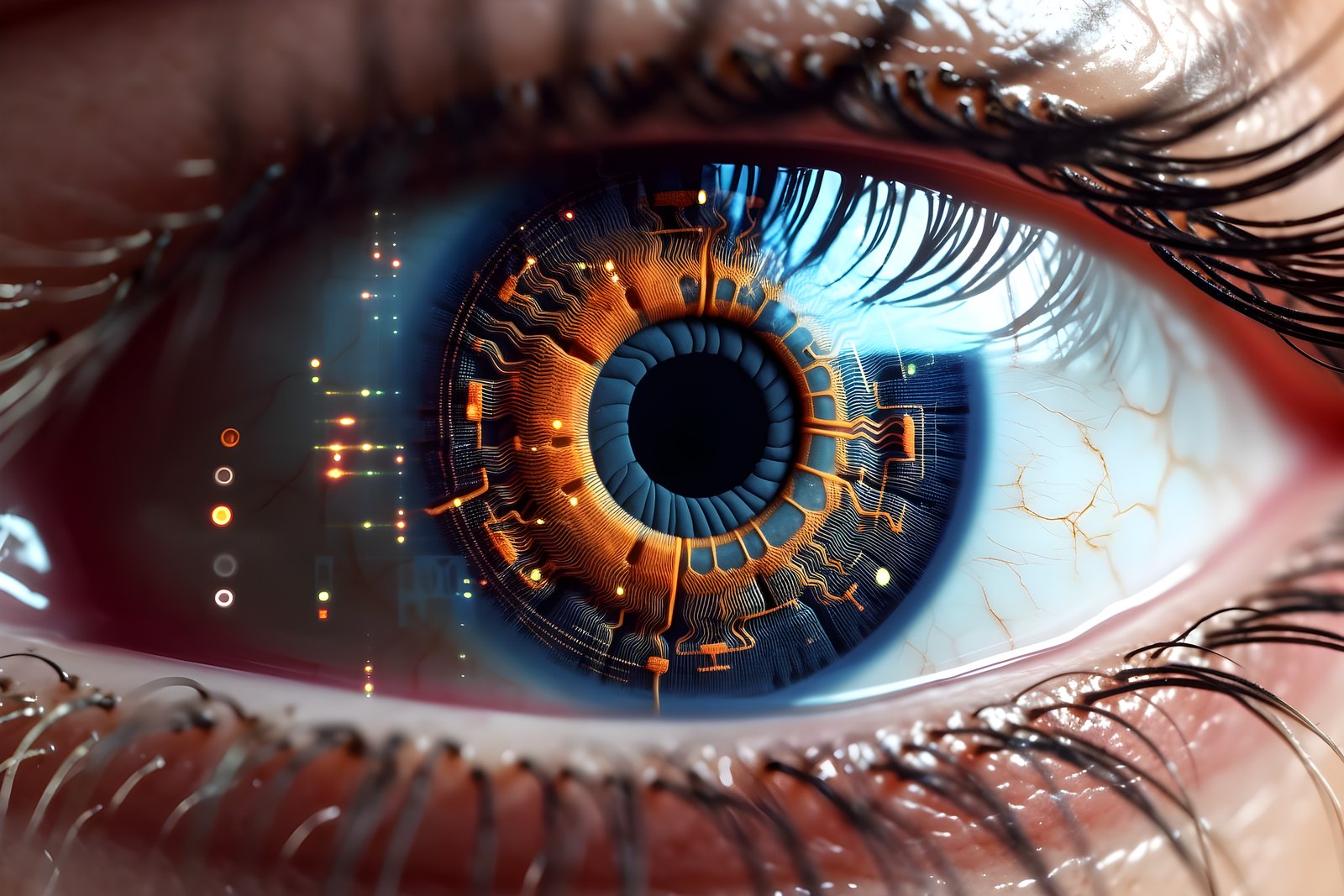 Cybernetic eye with a circuit-board iris, blinking